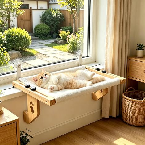 Chaise longue pour chat avec capacité de charge de 10 kg, cadre en bois stable et durable et coussin en peluche douce et chaude pour bords de lit et rebords de fenêtre 50 x 38 x 16,5 cm