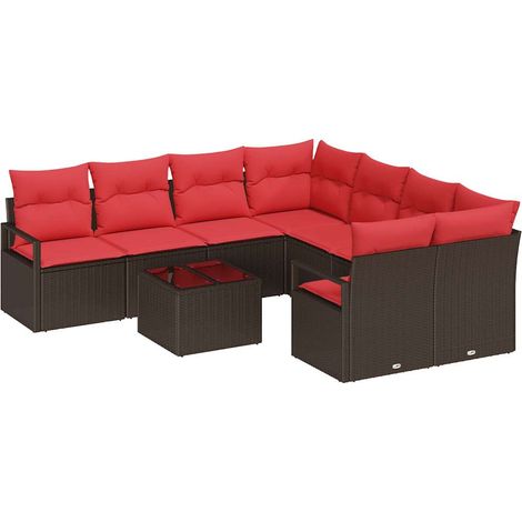 Sofa Set with Cushion 9 pcs Beige and Red Poly Rattan vidaXL (1/5)