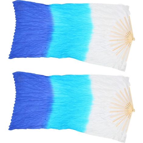 Lot de 2 éventails en soie artificielle de 1,5 m pour la danse du ventre, en bambou, tricolores (blanc, cyan, bleu). Accessoires de danse carrée. (1/4)