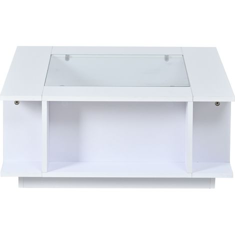 Mesa de centro cuadrada 70x70x30 cm blanca con tapa de cristal y acabado brillante (1/5)