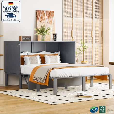 Lit adulte 140 x 200 cm, lit enfant, lit pliant, sommier à lattes, lit double, gris (1/5)