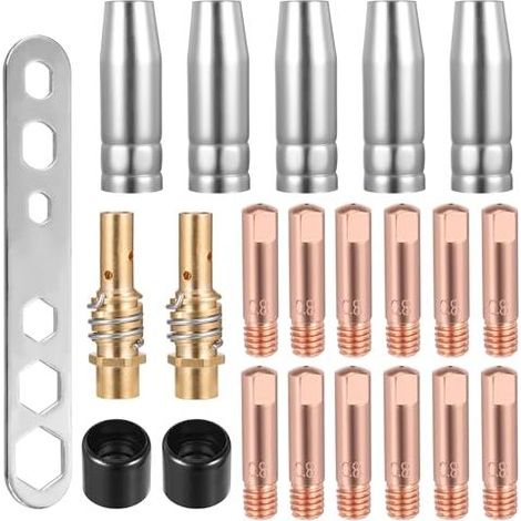 Kit de 22 consommables pour poste à souder MIG/MAG, comprenant : 12 pointes de contact M6 de 0,8 mm, 5 buses de soudage, 2 porte-buses, 2 isolateurs et 1 clé pour torche de soudage MI (1/5)