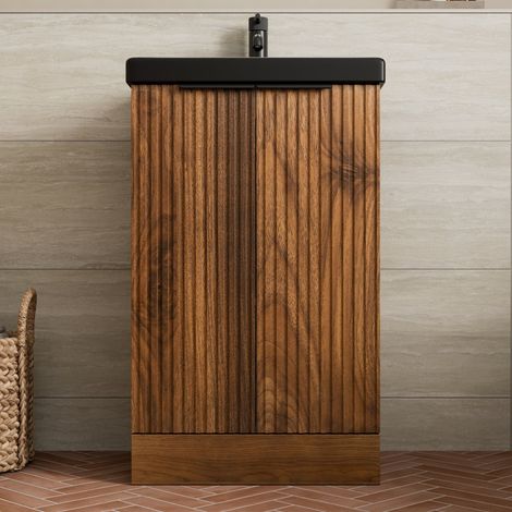 Fluted 500mm Bathroom Vanity Unit Basin Floorstanding Cupboard Soft Close Walnut (1/5)