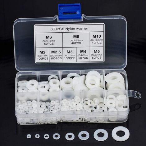 Rondelle piatte in nylon – Confezione da 500 distanziali in plastica da M2 a M10 (assortimento completo con scatola di conservazione)