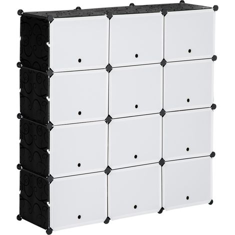 Zapatero modular de 12 cubos con puertas plástico y acero negro y blanco 125 x 32 x 125 cm (1/5)