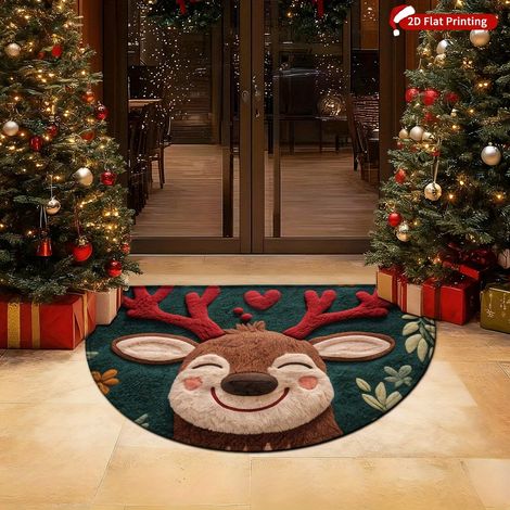 Tapis de Noël mignon avec un renne souriant - Semi-circulaire en peluche antidérapant, vert doux avec motif de feuilles rouges et de rennes bruns, Machi (1/5)