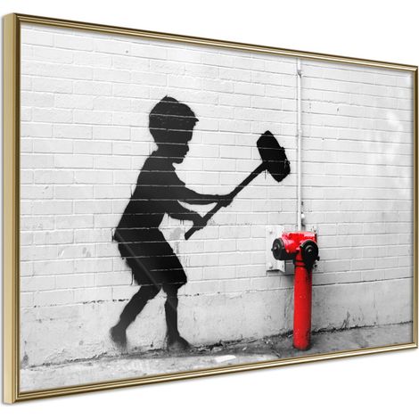 Affiche Murale Encadrée "Banksy Hammer Boy" 90 x 60 cm Or (1/2)