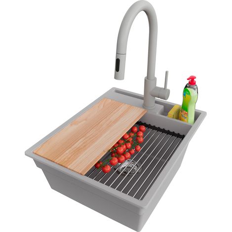 PRIMAGRAN Evier Cuisine en Granit 43x53cm,Lavabo 1 bac + Robinet 40x20cm + Kit de Vidage + Accessoires, Évier à Encastrer au meuble 45cm - Oslo Pocket, Gris (1/5)
