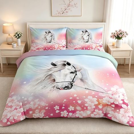 Housse de Couette Fille 140x200 Cheval Blanc Fleurs Roses (1/5)