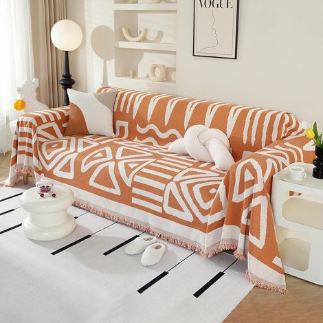 Housse de canapé d'angle 3 places, chenille orange bohème avec glands, anti-rides, 180x340 cm. (1/5)