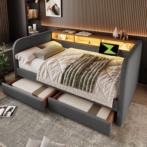 Letto imbottito 140x190 cm in lino grigio, con LED, USB-C, 2 cassetti e testiera portaoggetti