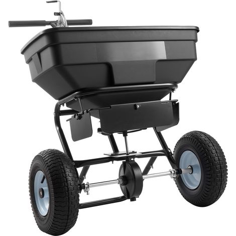 Épandeur à pousser, largeur de diffusion 3,66 m, pneus tout-terrain 13", débit réglable, trémie 59 kg pour engrais, semences et sel de déneigement. (1/5)