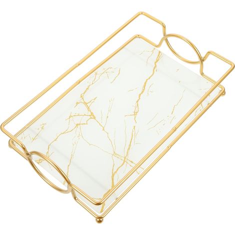 Plateau de Vanité pour Salle de Bain en Fer et Verre Blanc Surface Marbrée Lisse, Rangement Pratique pour Cosmétiques et Parfums Chambre ou Salon'-'- (1/5)