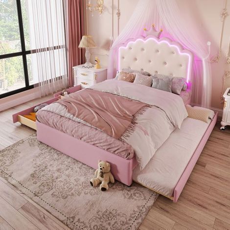 Lit gigogne 140x200cm Similicuir Rose Éclairage LED, 2 Tiroirs de Rangement - Lit Enfant - Tête de Couronne Princesse Sommier Inclus (1/5)