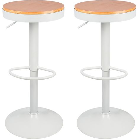 Lot de 2 Tabouret de Bar en Bois et Métal, pour Maison Cuisine Comptoir Bistro, Chaises de Salle à Manger Hauteur Réglable et Pivotant 360° - Blanc (1/5)