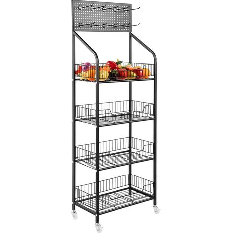 4 niveaux étagères de magasin supermarchés collations étagère à bonbons présentoir avec roues et 10 crochets, étagère en métal pour magasins, supermarchés, cuisines
