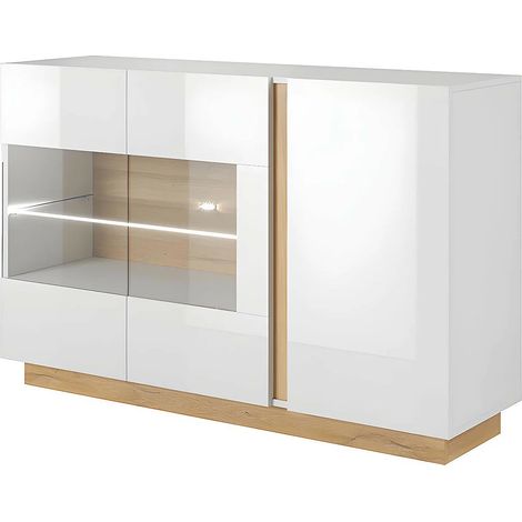 Buffet MURARI - 3 portes - Avec LEDs - Blanc brillant et chêne (1/5)