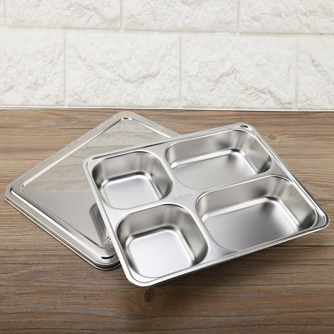 Serviertablett aus Edelstahl, Kantinen-Lunchbox mit Deckel (4 Fächer) (1/5)