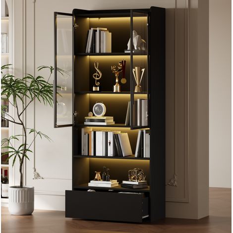 Vetrina alta 80x34x180 cm con 1 cassetto, luci LED, ante in vetro, MDF nero (1/5)