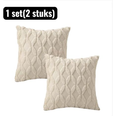 Set of 2 embroidered velvet cushion covers, 45 x 45 cm, with a modern checkered pattern for sofa and armchair, off-white (1/5)