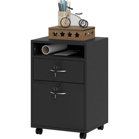 Filing Cabinet, Mobile File Cabinet 2 Lockable Drawers, Office Home Organiser on Wheels for A4, Letter-Size File Folders, Mobile Printer Open Shelf, Black (1/5)