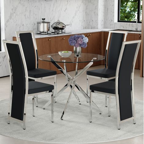 Ensemble table à manger ronde 88 cm en verre trempé, 4 chaises PU noires, métal argenté (1/5)