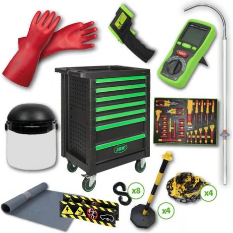 JBM 54236 Cassettiera 7 cassetti verde con assortimento riparazione veicoli elettrici 48 Pz.