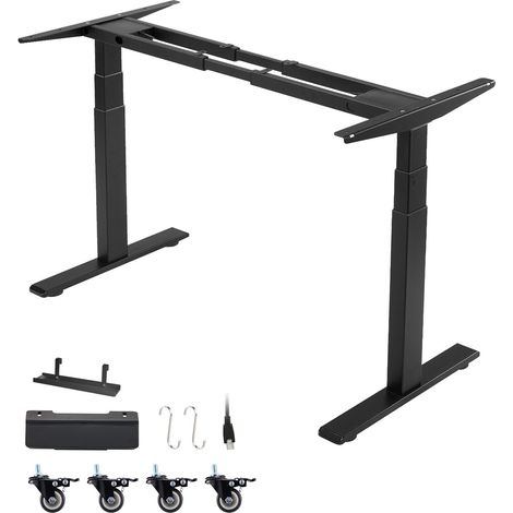 Pied Bureau Assis Debout Double Moteur, Cadre Bureau Assis Debout Électrique Réglable en Hauteur 60-125 cm pour Poste de travail et Maison, avec 3 Mémoires, Longueur Extensible 100-180 cm, Noir (1/5)
