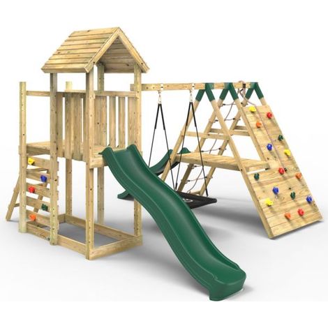 Rebo Extended Tower Wooden Climbing Frame with Swings & Slide - Crestone