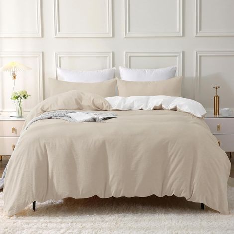 Housse de Couette 240x260 Coton, Chameau Beige Ensembles de Housse de Couette avec Fermeture Éclair, 100% Coton Lavé, Texture Lin, Parure de Lit 240x260 Coton avec 2 Taie d'oreiller 65x65 cm (1/5)
