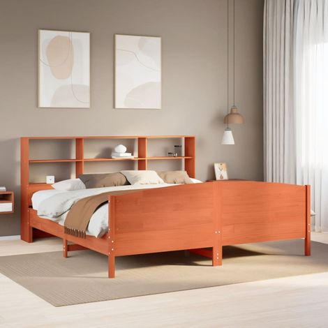 Massivholzbett mit Regal ohne Matratze Wachsbraun 180x200 cm