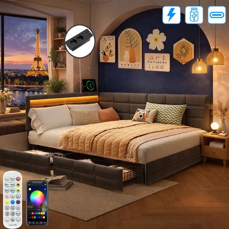 Canapé Lit gigogne 140x190 CM avec Sommier LED et port USB Tpye C- Lit Coffre avec 2 Tiroirs de Rangement - 2 Personnes - Lin - Gris (1/5)