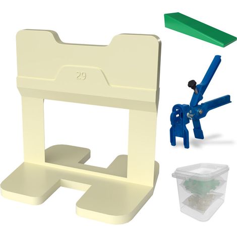 Kronen-Hansa Système de nivellement pour carrelage - kit de démarrage pour largeur de joint 1 mm, 100 languettes, 100 cales, pince pour carrelage d'épaisseur 3-12 mm, kit pratique dans un seau (1/5)