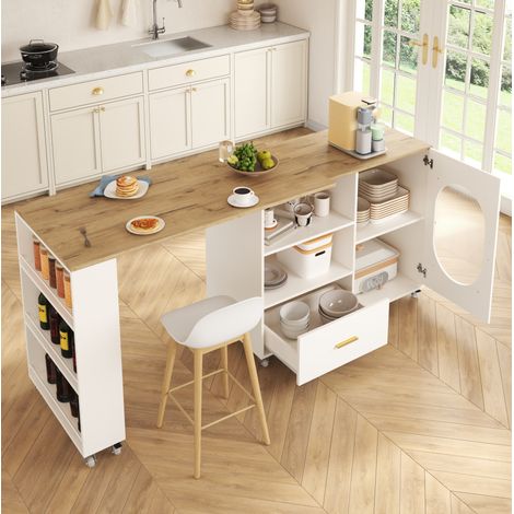 Isola da cucina mobile con piano girevole a 360°, contenitore e ruote, 120-180 x 60 x 90 cm DESVIAE (1/5)
