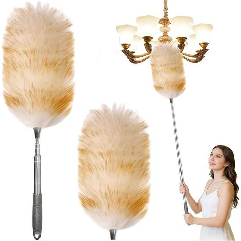 Plumeau Poussiere Telescopique Laine avec Remplacement de la Tête de Balai, Duster Extensibles Jusqu'à Environ 140 cm (1/4)