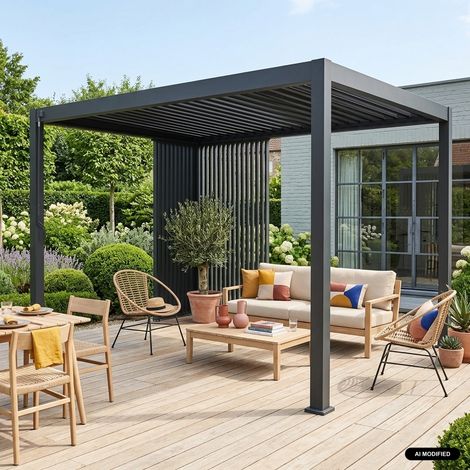 Pergola bioclimatique aluminium 4x3m anthracite + persiennes verticales 100cm et 130cm Triomphe (1/4)