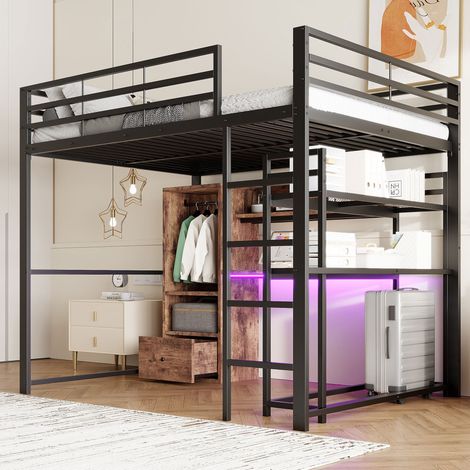 MEUBLIV Hochbett 140x200 cm Schwarz – mit Schreibtisch, LED und Stauraum, ohne Matratze (1/5)