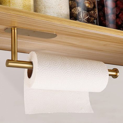 Dérouleur de papier toilette mural sans perforation, support de rangement pour essuie-tout en acier inoxydable, doré, 33,5 cm (1/5)