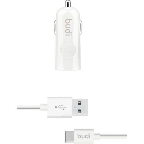 Budi - Chargeur de voiture USB + Câble USB-C (Blanc)