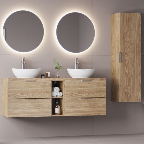 Doppelwaschtisch und Hängesäule 140.6cm Astrid mit 4 Schubladen, Holzoptik