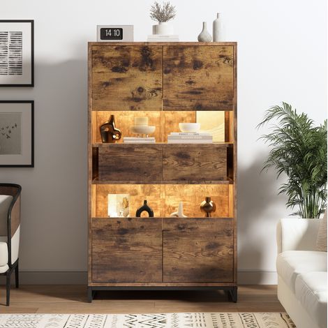 Vitrina 80x40x138 cm negra y efecto madera en MDF con LED, 2 cajones, puertas acrílicas y anti-vuelco (1/5)