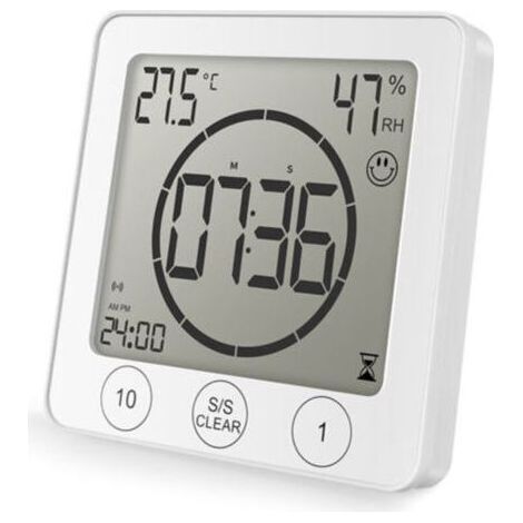 Horloge de Douche Salle de Bain, Contrôle Tactile étanche, Alarme Numérique LCD, Thermomètre Hygromètre, Minuterie de Compte à Rebours, Alimenté par Pile, pour Maquillage Cuisine (blanc) (1/3)