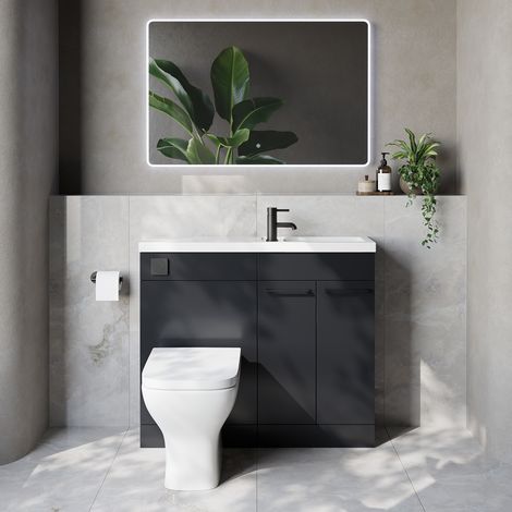 Napoli 250 Gloss Grey 1000mm 2 Door Vanity Unit Toilet Suite with Square Silvo Basin - 1000mm - Matt Black 160mm HandleWith Kingston Toilet Pan and Seat