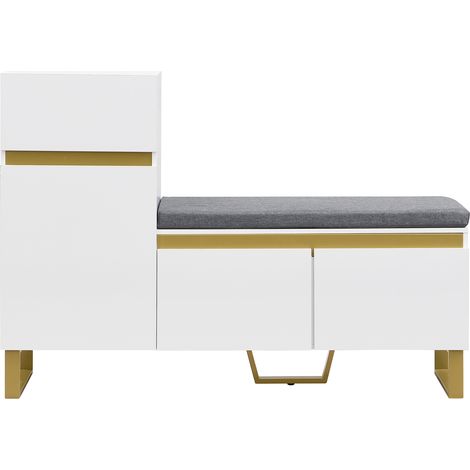 ELVMI Schuhschrank mit 2 Türen, 1 Schublade, 1 Offenem Fach und Gepolsterter Sitzbank, aus MDF, Weiß, 120×35×85 cm (1/4)