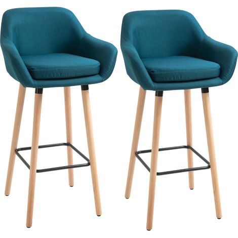 Lot de 2 tabourets de bar bleu canard – Hauteur d'assise 80 cm – Piètement en bois de hêtre – Rembourrage mousse haute densité – MH (1/5)