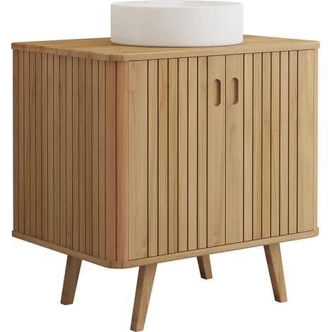 Mobile bagno con piedi in teck e lavabo da appoggio rotondo in ceramica 80 cm - WAMENA (1/5)