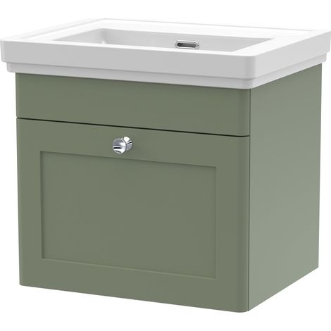 Nuie Classique Wall Hung 1-Drawer Vanity Unit with Basin 500mm Wide Satin Green - 0 Tap Hole