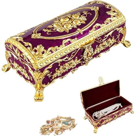 Bote à Bijoux, Grande Bote à Bijouxs Vintage en Métal Rangement à Bijoux Rectangulaire pour Boucles D'Oreilles Montres Bagues Colliers (Violet) (1/5)