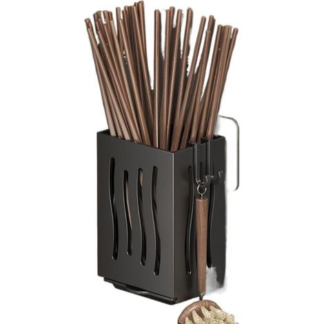 1 porte-couverts en plastique à fixation murale pour baguettes, cage, fourchette, baguettes, boîte de rangement multifonctionnelle pour cuisine (noir)