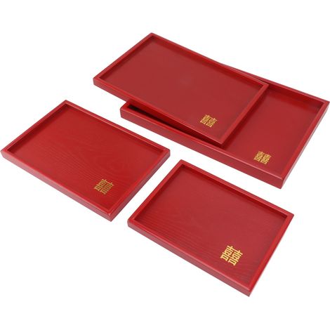 4-teiliges Serviertablett im chinesischen Stil, rot, für Hochzeiten, Tee, Kaffee, Snacks, aus Holz, quadratische Obst- und Süßigkeitenplatte (1/5)